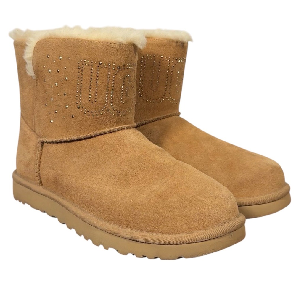 UGG Classic Gem Mini Chestnut Suede Rhinestone Shearling Ankle Boots Size 8